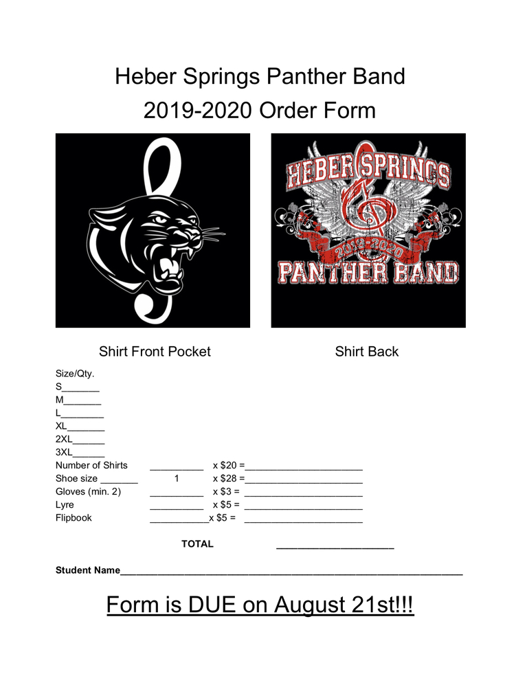 Heber Springs Band T-Shirt Order Forms